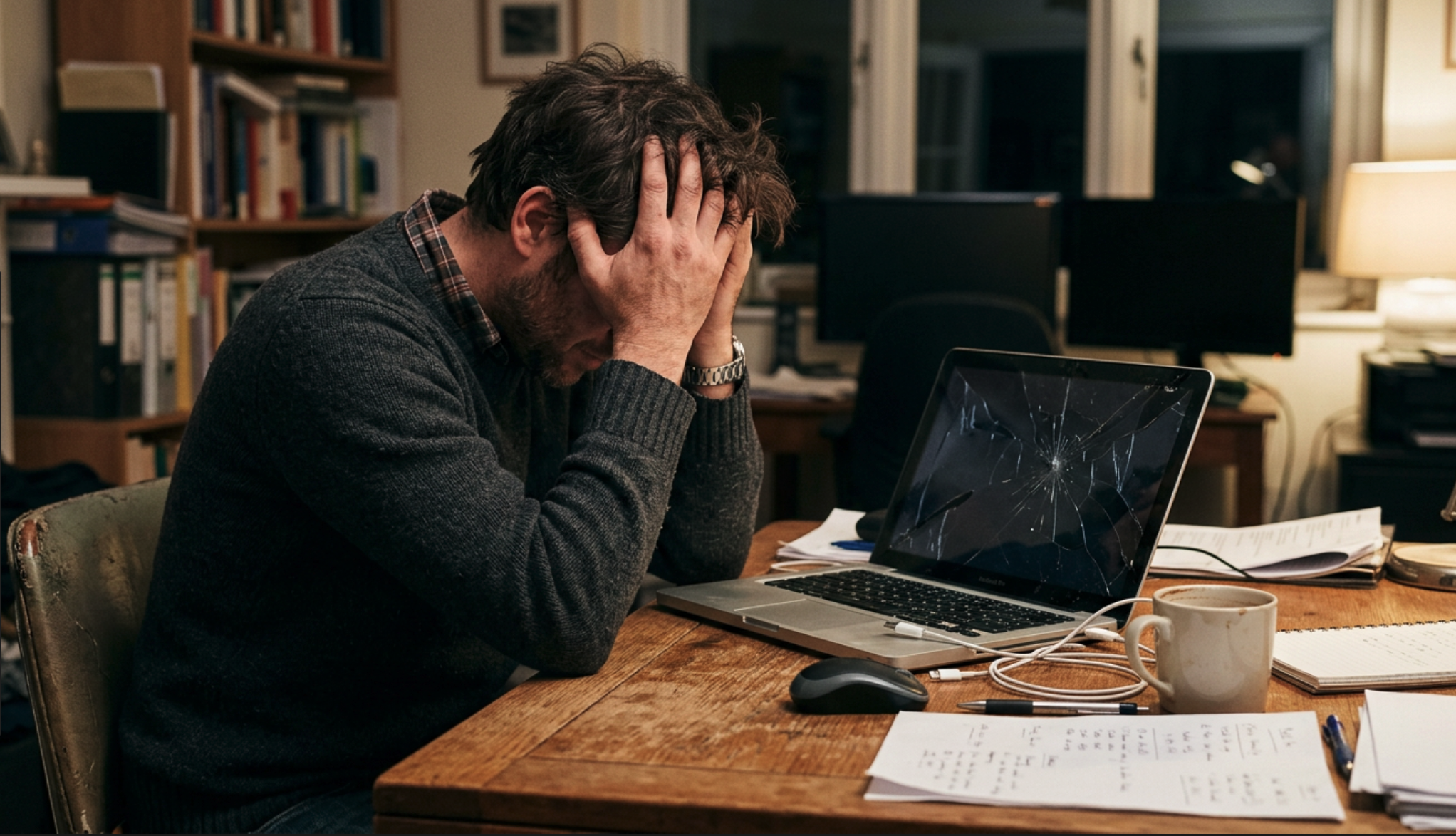 A developer with head in hands beside a laptop with a shattered screen